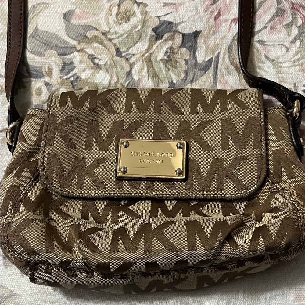 Michael Kors Brown Logo-Print Crossbody Bag with Gold Plaque